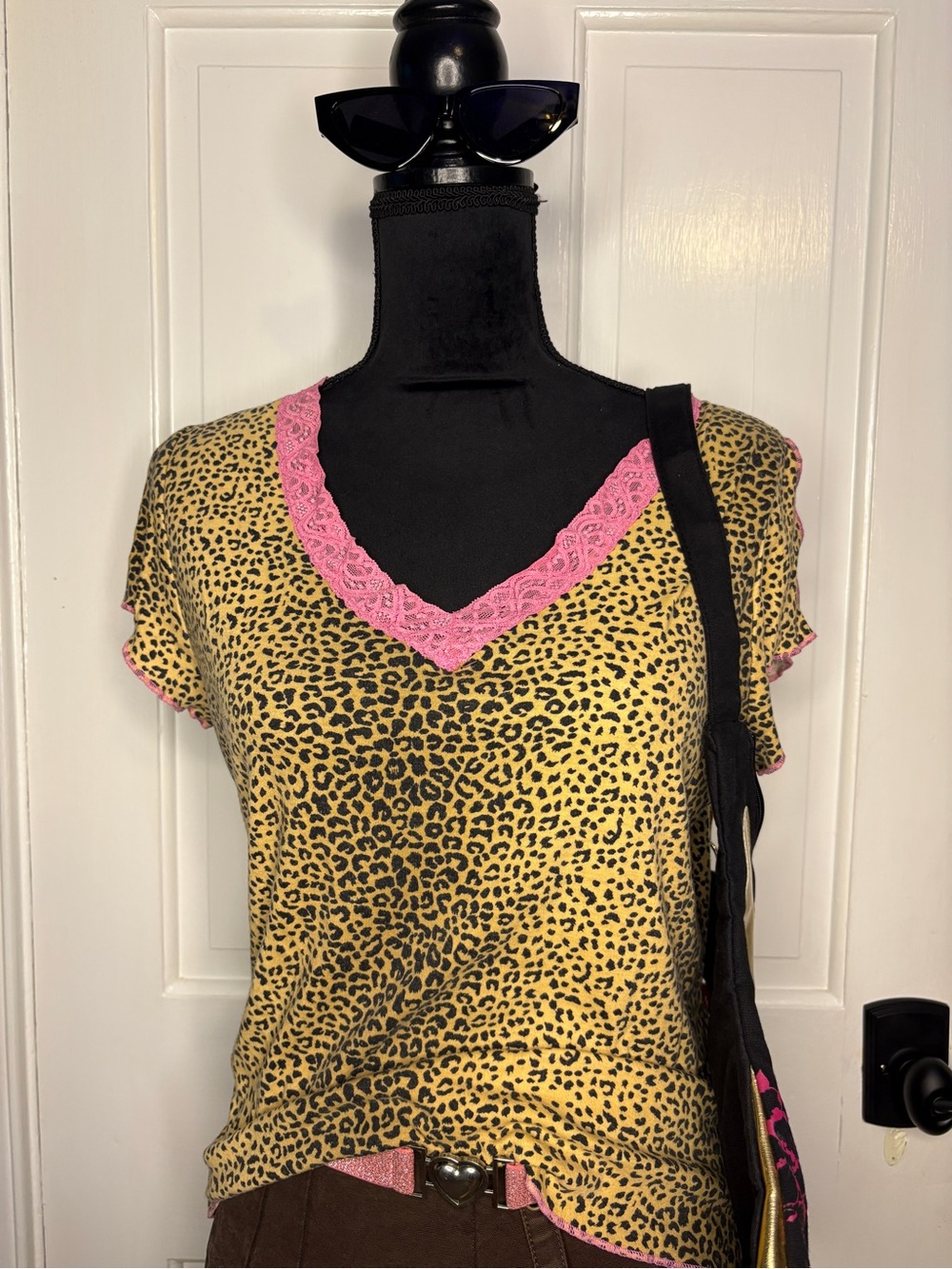 Leopard Print Short Sleeve Top with Pink Trim